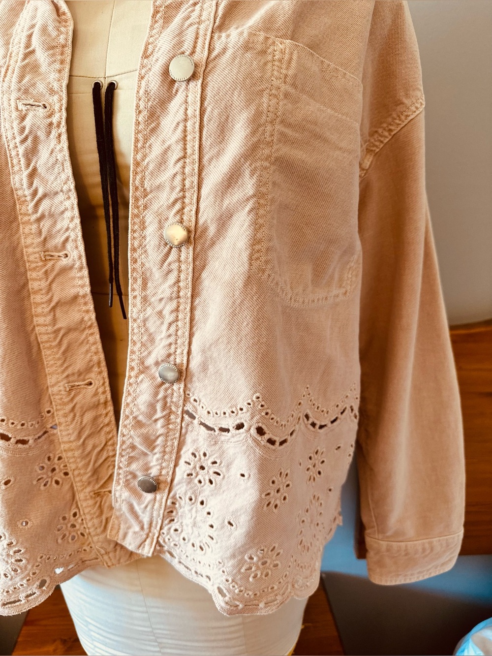Zara Blush Pink Eyelet-Hem Denim Jean Jacket M L XL - Picture 10 of 16